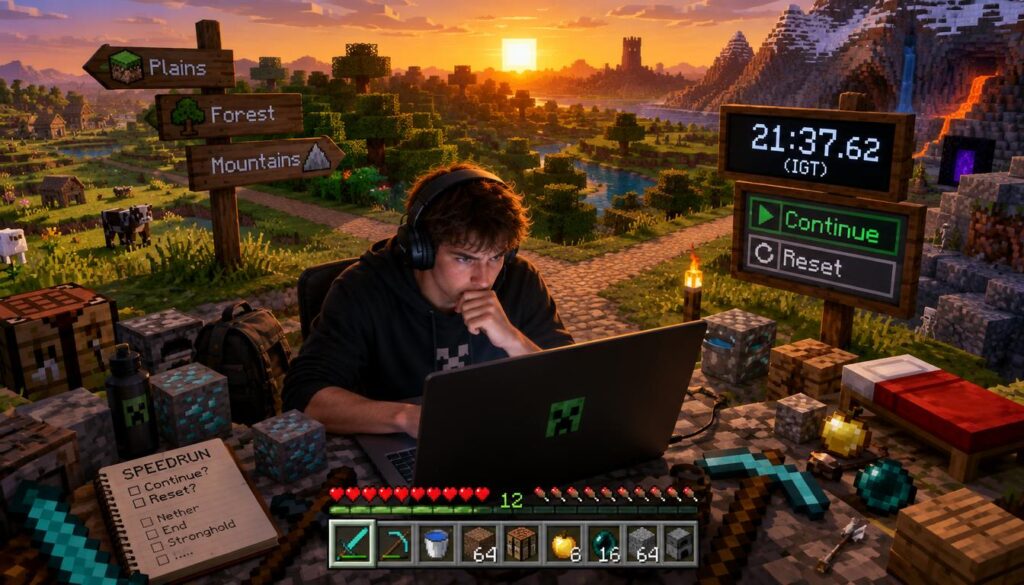 A Minecraft player stands at a crossroads in a vibrant, blocky landscape, surrounded by iconic biomes such as plains, mountains, and forests. The foreground features the runner, a young adult in casual gaming attire, intensely focused on the screen of a laptop, contemplating their next move. The player's expression shows determination as they waver between continuing a speedrun attempt or resetting the game. In the middle ground, a timer prominently displays the elapsed speedrun time, while other visual elements include a pixelated inventory and various Minecraft items scattered around, like tools and blocks. The background showcases a sunset casting warm, golden light over the environment, enhancing the tense, decisive atmosphere. The angle is dynamic, slightly above eye level, highlighting both the player and the expansive world they are about to navigate.