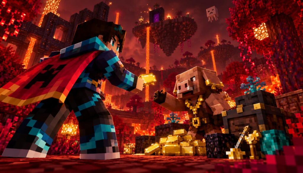 A Minecraft speedrunner stands confidently in a vibrant, blocky landscape, trading shimmering gold ingots with a Nether piglin. In the foreground, the runner is depicted wearing a colorful, pixelated outfit complete with a signature cape and a determined expression. The middle ground features the piglin, adorned with golden jewelry and an eager posture, surrounded by a small pile of gold ingots and other treasures. In the background, a striking Nether environment rises with floating islands, lava flows, and eerie crimson trees illuminated by an otherworldly glow. The atmospheric lighting casts dynamic shadows, creating an intense yet adventurous mood. Capture this scene from a slightly low angle to emphasize the action, ensuring a clear view of the characters and the enchanting surroundings, with a focus on the vivid colors and details of the Minecraft world.