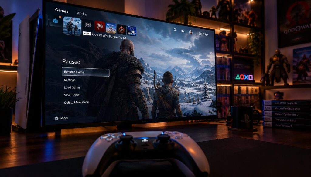 A PS5 emulator screen displaying a paused gameplay state, showcasing a vivid, high-resolution image of a popular game title with intricate graphics and characters. The emulator interface is visible, featuring icons and options in a sleek, modern design. In the foreground, the controller is positioned on a gaming desk, with subtle reflections on its surface. The middle ground includes a dimly lit room atmosphere, with warm LED lighting accentuating the console setup. In the background, shelves lined with game cases and memorabilia hint at a passionate gaming collection. The scene conveys a sense of anticipation and excitement, framed from a slightly angled viewpoint to capture depth through a 50mm lens, enhancing the immersive gaming experience.