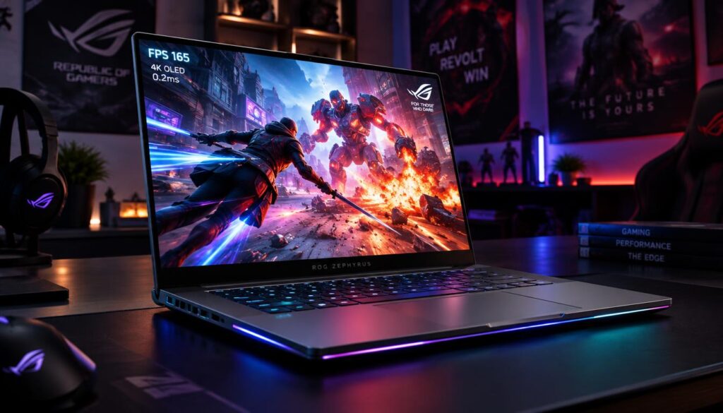 A Zephyrus G16 gaming laptop prominently featured in the foreground, its vibrant 16-inch OLED display showcasing an intense fast-paced action scene from a modern video game, with bright and dynamic colors illuminating the screen. In the middle ground, the sleek design of the laptop's chassis can be seen, reflecting subtle gaming aesthetics like RGB lighting along the edges. The background features a dimly lit, modern gaming setup, with gaming posters and ambient lighting that enhance the atmosphere. The lighting shines on the laptop, highlighting its high-quality display and smooth graphics. The angle should be slightly tilted, capturing the laptop's sleek profile and immersive visual experience, evoking a sense of excitement and energy suitable for a competitive gaming environment.