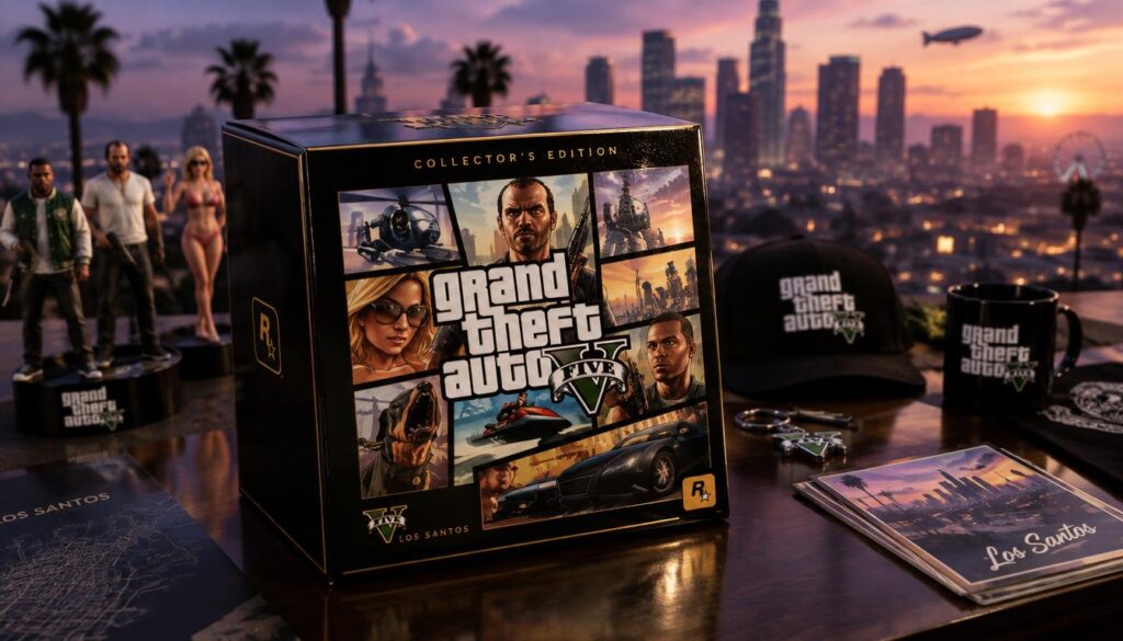 A beautifully designed GTA merchandise box prominently displayed in the foreground, showcasing its sleek, glossy surface with striking artwork and gold accents. The middle ground features a subtle blur of popular GTA-themed collectibles, such as figurines and branded accessories, arranged artfully. The background is a blurred urban skyline, reminiscent of the game’s iconic cityscapes, set during twilight with soft, ambient lighting illuminating the scene. The overall mood is one of excitement and anticipation, inviting viewers to explore what lies inside this collector’s edition box. The image is taken from a slightly elevated angle, emphasizing the box's features, with a shallow depth of field to create focus. A beautifully designed GTA merchandise box prominently displayed in the foreground, showcasing its sleek, glossy surface with striking artwork and gold accents. The middle ground features a subtle blur of popular GTA-themed collectibles, such as figurines and branded accessories, arranged artfully. The background is a blurred urban skyline, reminiscent of the game’s iconic cityscapes, set during twilight with soft, ambient lighting illuminating the scene. The overall mood is one of excitement and anticipation, inviting viewers to explore what lies inside this collector’s edition box. The image is taken from a slightly elevated angle, emphasizing the box's features, with a shallow depth of field to create focus.