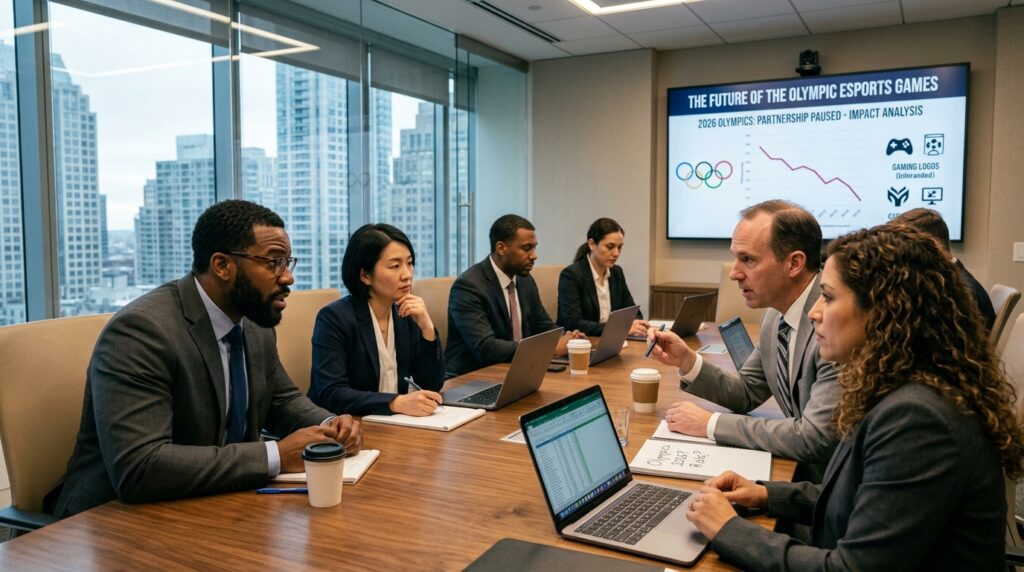 A boardroom table filled with focused professionals in formal business attire, discusses the future of the Olympic Esports Games. The foreground features a diverse group of individuals—Caucasian, Black, Asian, and Hispanic—engaged in serious conversation, with laptops and notepads open. In the middle, a large digital screen displays the Olympic rings alongside gaming logos and charts reflecting halted plans. The background includes a modern office with glass walls, showcasing a city skyline. Soft yet bright lighting casts a professional atmosphere, highlighting the tension and uncertainty in the air. A strategic planning vibe permeates the scene, perfect for illustrating the paused partnership with Saudi Arabia and its implications for the 2026 Olympics. A boardroom table filled with focused professionals in formal business attire, discusses the future of the Olympic Esports Games. The foreground features a diverse group of individuals—Caucasian, Black, Asian, and Hispanic—engaged in serious conversation, with laptops and notepads open. In the middle, a large digital screen displays the Olympic rings alongside gaming logos and charts reflecting halted plans. The background includes a modern office with glass walls, showcasing a city skyline. Soft yet bright lighting casts a professional atmosphere, highlighting the tension and uncertainty in the air. A strategic planning vibe permeates the scene, perfect for illustrating the paused partnership with Saudi Arabia and its implications for the 2026 Olympics.