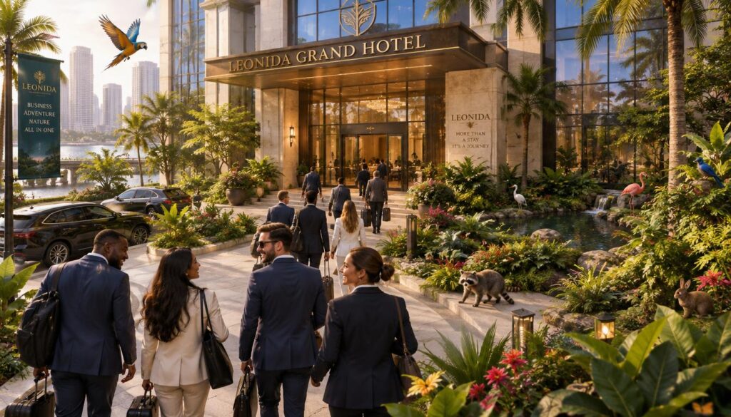 A bustling hotel entrance in Leonida, showcasing a blend of urban culture and vibrant wildlife. In the foreground, a diverse group of players in professional business attire, eagerly entering the hotel, displaying excitement and camaraderie. In the middle ground, a variety of local wildlife such as colorful birds and small mammals casually navigating through the hotel's garden, adding an element of nature to the scene. The background features the hotel’s grand architecture with large windows reflecting the daylight, flanked by lush greenery. Soft, warm lighting creates an inviting atmosphere, capturing a sense of adventure and exploration in the air. The angle is slightly elevated, offering a comprehensive view of the intersection between the hotel and the natural elements around it. A bustling hotel entrance in Leonida, showcasing a blend of urban culture and vibrant wildlife. In the foreground, a diverse group of players in professional business attire, eagerly entering the hotel, displaying excitement and camaraderie. In the middle ground, a variety of local wildlife such as colorful birds and small mammals casually navigating through the hotel's garden, adding an element of nature to the scene. The background features the hotel’s grand architecture with large windows reflecting the daylight, flanked by lush greenery. Soft, warm lighting creates an inviting atmosphere, capturing a sense of adventure and exploration in the air. The angle is slightly elevated, offering a comprehensive view of the intersection between the hotel and the natural elements around it.