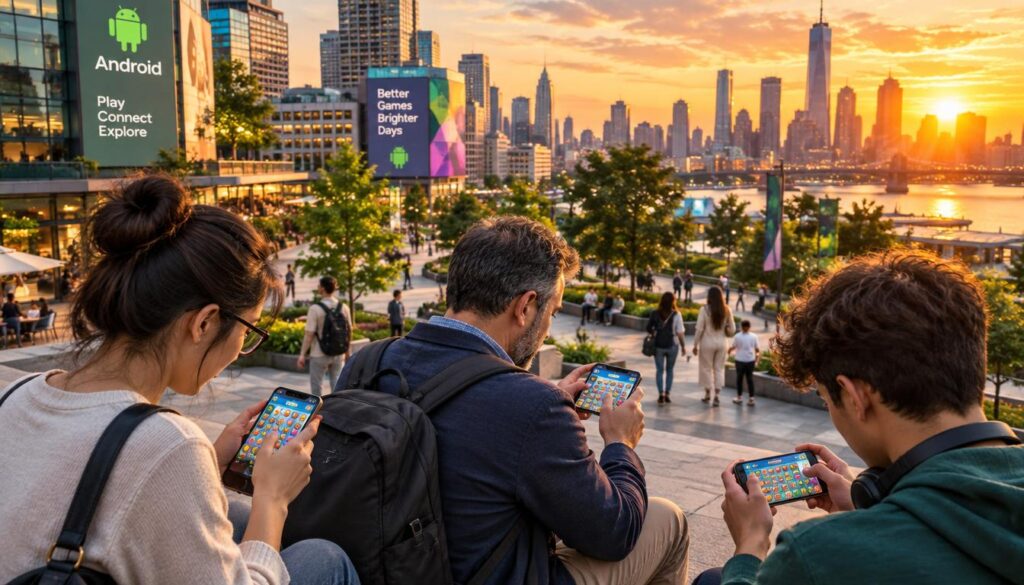 A bustling urban environment showcasing Android players engaged in vibrant city scenes, focused on tapping through intricate puzzle levels on their devices. In the foreground, a diverse group of individuals in smart casual clothing—a young woman with glasses, a middle-aged man with a backpack, and a teenager—are intently playing on their smartphones. The middle ground features modern buildings and greenery, with people walking and enjoying the city atmosphere. The background reveals a colorful skyline during golden hour, casting warm light across the scene, adding depth and excitement. Capture this moment from a slightly elevated angle to emphasize the players' concentration and the lively urban backdrop, creating an inspiring mood that highlights the thrill of mobile gaming.