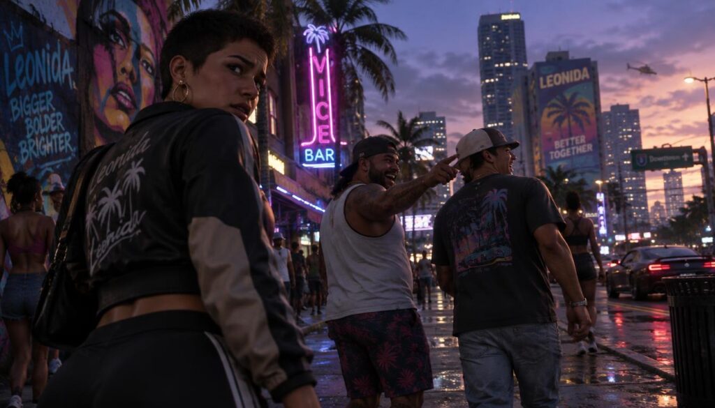 A bustling urban scene in Leonida, showcasing a group of NPCs dressed in vibrant, modern casual clothing, engaged in lively conversation. In the foreground, one NPC, a woman with short hair and wearing a stylish jacket, turns her head slightly, glancing back with a look of curiosity and unease, clearly aware of the player following them. In the middle, two male NPCs in casual attire laugh and point at something off-screen, oblivious to their surroundings. The background features city streets filled with graffiti art, neon signs, and bustling pedestrians. Moody twilight lighting casts shadows, creating an atmosphere of tension and intrigue. The scene is viewed from a low angle, emphasizing the NPCs’ expressions and the urban landscape, evoking the vibrant yet cautious nature of city life in a gaming environment. A bustling urban scene in Leonida, showcasing a group of NPCs dressed in vibrant, modern casual clothing, engaged in lively conversation. In the foreground, one NPC, a woman with short hair and wearing a stylish jacket, turns her head slightly, glancing back with a look of curiosity and unease, clearly aware of the player following them. In the middle, two male NPCs in casual attire laugh and point at something off-screen, oblivious to their surroundings. The background features city streets filled with graffiti art, neon signs, and bustling pedestrians. Moody twilight lighting casts shadows, creating an atmosphere of tension and intrigue. The scene is viewed from a low angle, emphasizing the NPCs’ expressions and the urban landscape, evoking the vibrant yet cautious nature of city life in a gaming environment.