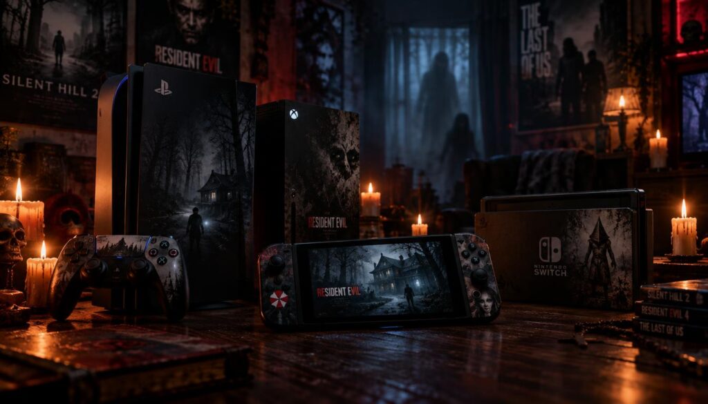 A captivating image showcasing a collection of gaming consoles and switches specifically designed for horror games. In the foreground, a dark wooden table displays a range of consoles, including a sleek black gaming console and a trendy handheld switch adorned with eerie, atmospheric artwork from popular horror titles. In the middle ground, the consoles are surrounded by dimly lit candles casting flickering shadows, creating an ominous ambiance. The background features a moody room setting with ghostly silhouettes and subtle hints of horror game posters on the walls. Soft, atmospheric lighting enhances the creepy feel, with a low-angle perspective emphasizing the consoles as the focal point. The overall mood should evoke suspense and excitement for horror gaming experiences.