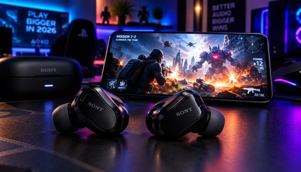 A close-up of Sony wireless earbuds designed for an immersive mobile gaming experience, placed prominently in the foreground on a sleek gaming desk. The earbuds should showcase their modern, ergonomic design, with soft ear tips, glossy black finish, and subtle branding. In the middle ground, a high-resolution smartphone displays an intense action game scene, glowing with vibrant colors that reflect off the earbuds, emphasizing their role in enhancing audio immersion. The background features a dimly lit gaming room with ambient LED lights casting a tech-savvy atmosphere. Soft, focused lighting highlights the earbuds, creating a sense of sophistication and excitement. The mood is dynamic and engaging, perfectly capturing the essence of mobile gaming in 2026.