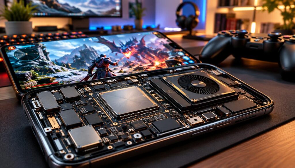 A close-up of a modern smartphone's internal components, showcasing a high-performance chipset and GPU. In the foreground, highlight the intricate details of the chipset, with metallic finishes and embedded circuits glistening under soft, diffused lighting. The middle ground features a vivid gaming scene displayed on the phone's screen, depicting intense graphics from a demanding game with dynamic colors and fast-paced action. In the background, a well-lit workspace with a sleek gamer’s desk, a gaming controller resting nearby, and ambient lighting sets a cozy atmosphere. The focus is sharp on the phone, with a slight tilt angle to emphasize depth, creating an engaging tech-savvy mood. No text or logos are present.