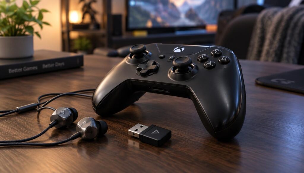 A close-up scene featuring a USB dongle and a pair of wired earbuds elegantly arranged next to a sleek gaming controller. In the foreground, the glossy black gaming controller is centered, exuding a modern design with ergonomic grips. The earbuds, in a subtle metallic finish, lie gracefully beside the controller, with the USB dongle positioned artfully to highlight its compactness. The middle ground showcases a smooth, dark wooden surface that enhances the products' colors, while a soft, diffused natural light casts gentle shadows, creating depth. The background is softly blurred, hinting at a cozy gaming setup, evoking a mood of relaxation and focus in a gaming environment. The overall atmosphere should feel inviting and tech-savvy.