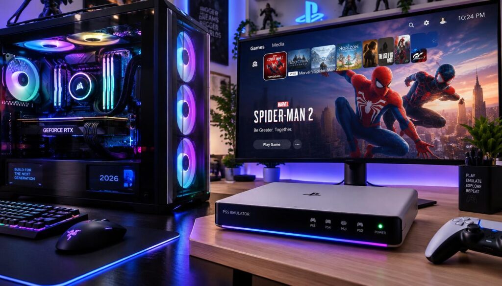 A close-up scene showcasing a modern gaming PC with intricate components visible, illuminated by RGB lighting, sitting on a sleek black desk. Beside it, a state-of-the-art console emulator console, featuring a minimalist design and vibrant LED indicators, positioned on a light wooden surface. In the background, a large monitor displays vibrant game graphics, hinting at popular PS5 titles. The atmosphere is tech-savvy and futuristic, with a soft ambient glow enhancing the sleekness of the setup. The lighting is soft but bright enough to enhance details, captured from a slight angle to emphasize depth. This vivid portrayal embodies the essence of gaming innovation and emulation in 2026.