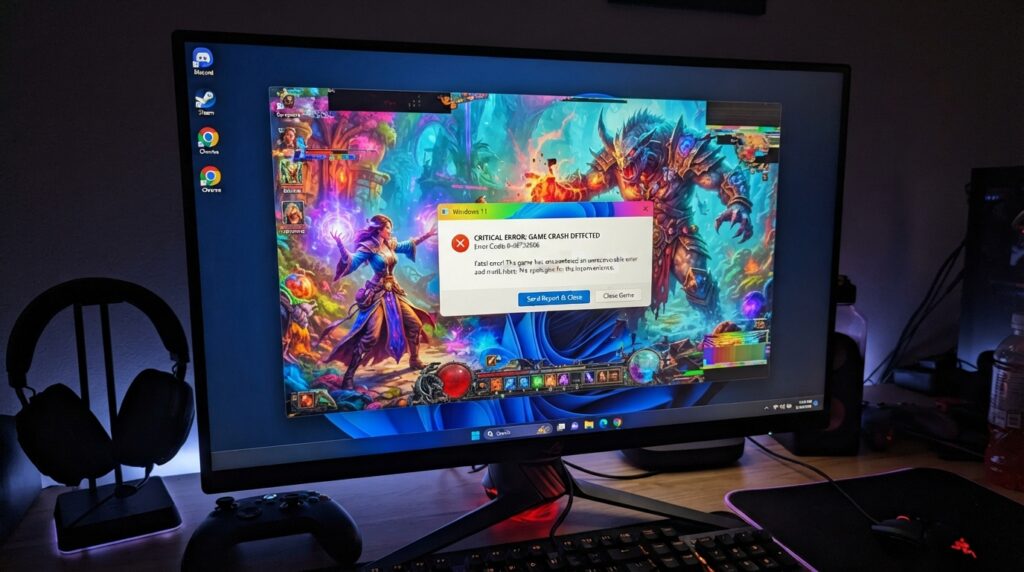 A close-up view of a Windows 11 desktop screen showing a game crash, featuring a colorful error message and a frozen game scene in action, with exaggerated visual distortions. In the foreground, the monitor's screen displays vibrant graphics of a popular fantasy game, emphasizing bright colors. In the middle, the desktop background is a sleek, modern design typical of Windows 11, enhanced with light reflections creating a high-tech atmosphere. The background includes a subtle glimpse of a cluttered desk with gaming accessories like a headset and a controller, bathed in soft, diffuse lighting. The overall mood is one of frustration and urgency, encapsulating the theme of technical difficulties while maintaining a clean and professional aesthetic.