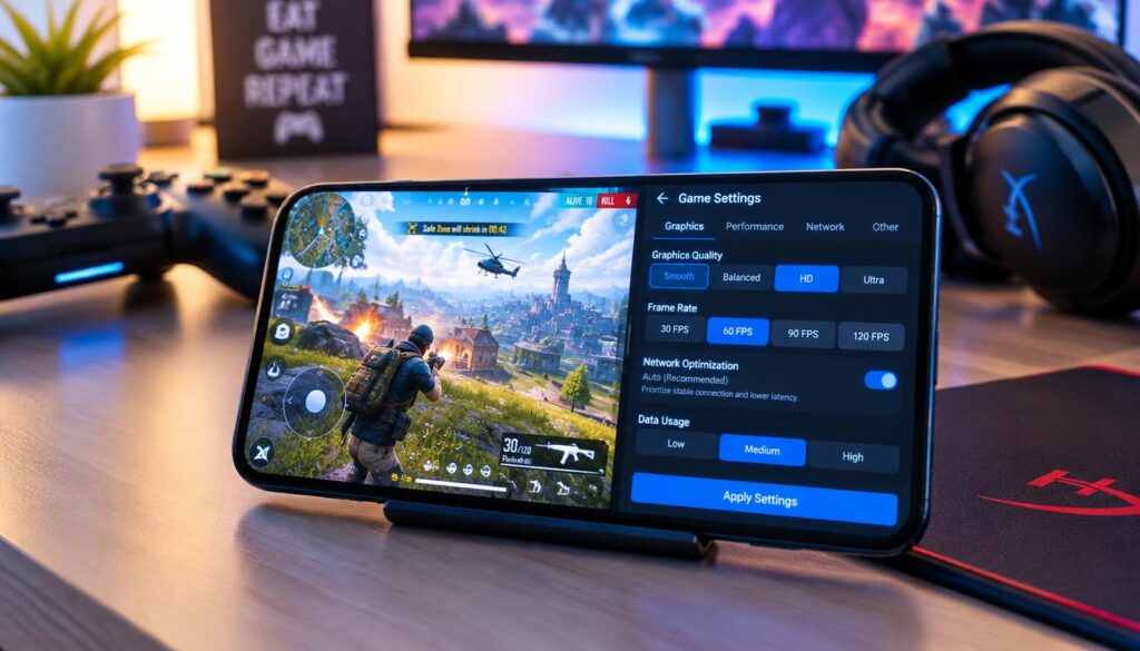 A close-up view of a mobile device displaying an engaging mobile game on its screen, with vivid graphics and action elements visibly captured. Beside it, an open settings menu showcasing various options to optimize gaming performance, such as graphic settings, frame rate, and network options, all rendered with a sleek, user-friendly interface. The background features a soft-focus gaming setup, including a stylish desk with peripherals like a controller and headphones. Use bright, ambient lighting to enhance the atmosphere and a slight depth of field effect to draw attention to the device and settings. The overall mood should be dynamic and tech-savvy, appealing to gamers seeking to improve their mobile gaming experience.