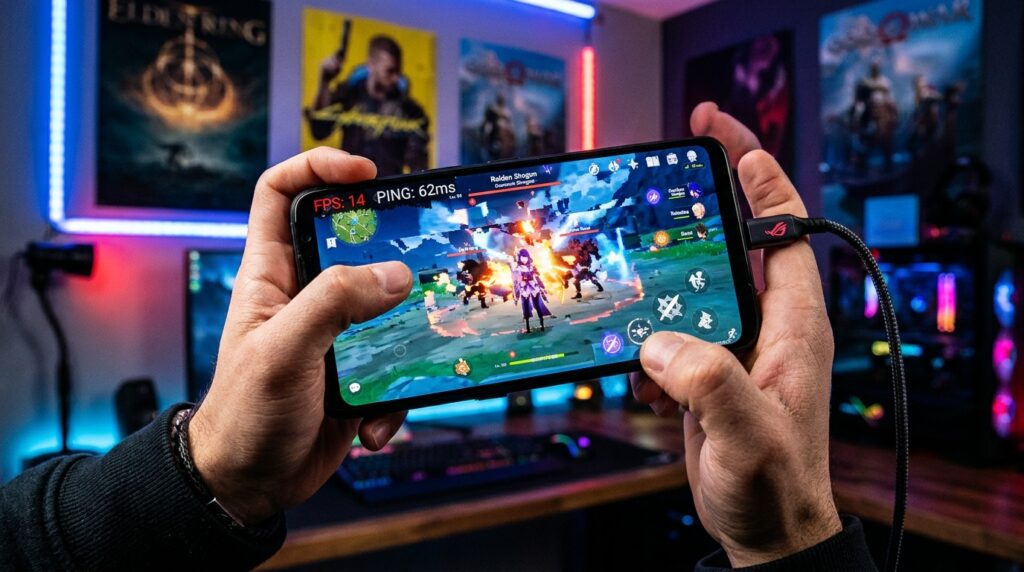 A close-up view of a modern gaming phone screen displaying a frame-rate drop during an intense gaming session. The foreground features the smartphone with a sleek design, illuminated by vivid in-game graphics, while jagged, pixelated edges indicate the drop in performance. The middle ground reveals a gamer’s hands gripping the phone, dressed in casual, comfortable clothing, focused intently. The background features a softly blurred room adorned with gaming posters and LED strip lighting, enhancing the atmosphere of excitement and tension. The lighting is dramatic, highlighting the screen's glare, and the shot is taken from a slightly angled perspective to emphasize the device’s details, creating a dynamic and immersive mood. A close-up view of a modern gaming phone screen displaying a frame-rate drop during an intense gaming session. The foreground features the smartphone with a sleek design, illuminated by vivid in-game graphics, while jagged, pixelated edges indicate the drop in performance. The middle ground reveals a gamer’s hands gripping the phone, dressed in casual, comfortable clothing, focused intently. The background features a softly blurred room adorned with gaming posters and LED strip lighting, enhancing the atmosphere of excitement and tension. The lighting is dramatic, highlighting the screen's glare, and the shot is taken from a slightly angled perspective to emphasize the device’s details, creating a dynamic and immersive mood.