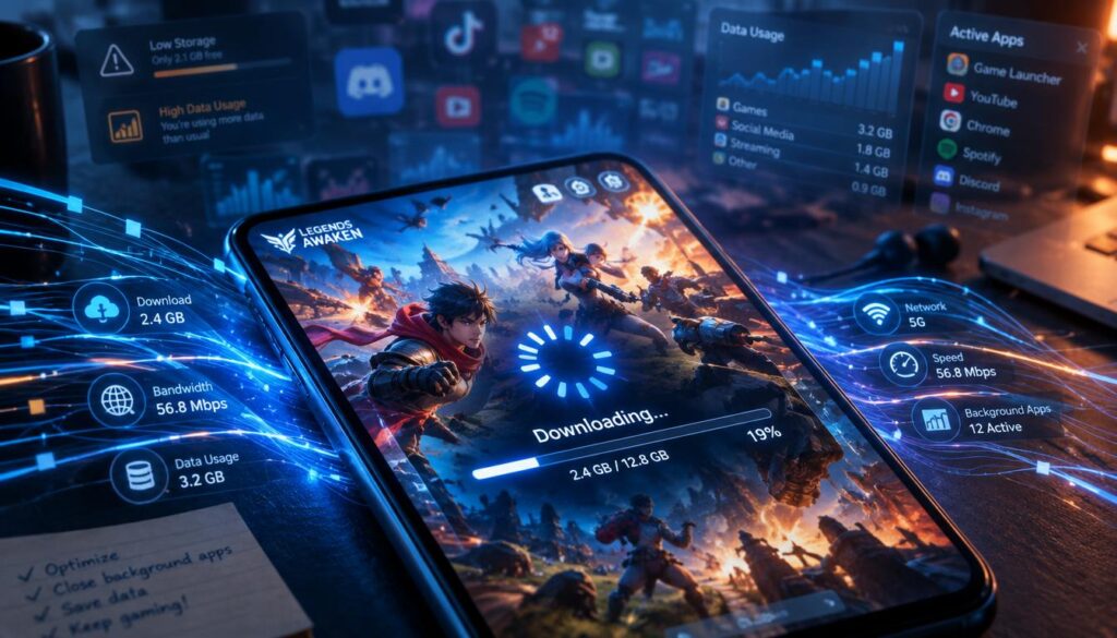 A close-up view of a smartphone displaying a vibrant mobile game on its screen, with exciting action sequences visible, showcasing characters in dynamic poses. In the foreground, a spinning loading icon appears prominently on the screen, indicating a large download in progress. Surrounding the phone, ethereal streams of data flow, symbolizing resource usage and bandwidth consumption. In the middle background, a subtle representation of a cluttered digital environment, with vague outlines of various app icons and data graphs, enhances the sense of technical complexity. Soft, cool blue lighting enhances the tech feel, while hints of warmer tones add contrast. The overall mood is tense yet focused, suggesting urgency in optimizing performance amidst distractions. The composition is angled slightly from above, providing a comprehensive view yet maintaining the phone as the focal point.
