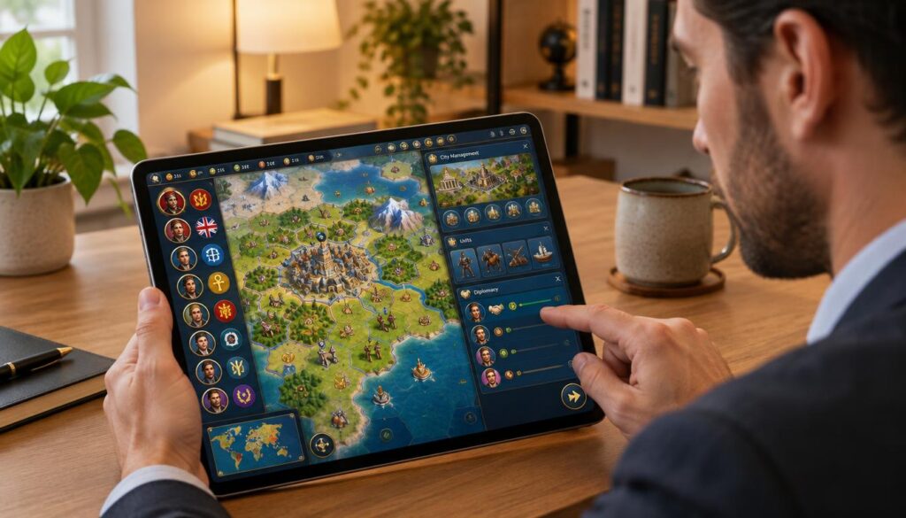 A close-up view of a tablet-sized Android screen displaying a vibrant interface of "Civilization VI" strategy choices. The screen shows detailed options for city-building, unit management, and diplomatic strategies, with colorful icons representing various civilizations. In the foreground, a pair of hands, dressed in professional business attire, interact with the screen, demonstrating engagement and strategy planning. The background features a softly lit, minimalistic home office environment, with hints of plants and books to evoke a cozy atmosphere. Warm lighting creates an inviting mood, while the angle captures both the screen and the user's focused expression. The image is free of any text or graphics overlays, ensuring a clean professional look.