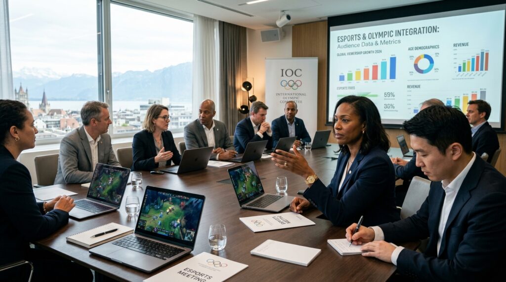A conference room filled with diverse representatives from the International Olympic Committee, all dressed in professional business attire, gathered around a large table. On the table, various esports games are displayed on laptops, with charts and statistics projected on a screen behind them. The foreground shows a close-up of a thoughtful female executive gesturing towards the screen, while a male executive takes notes. In the middle ground, other members are engaged in discussion, creating a collaborative atmosphere. The background features large windows with a city skyline view, suggesting a modern setting. The lighting is bright and focused, enhancing the serious yet innovative mood of the scene, captured with a slight depth of field to emphasize the subjects. A conference room filled with diverse representatives from the International Olympic Committee, all dressed in professional business attire, gathered around a large table. On the table, various esports games are displayed on laptops, with charts and statistics projected on a screen behind them. The foreground shows a close-up of a thoughtful female executive gesturing towards the screen, while a male executive takes notes. In the middle ground, other members are engaged in discussion, creating a collaborative atmosphere. The background features large windows with a city skyline view, suggesting a modern setting. The lighting is bright and focused, enhancing the serious yet innovative mood of the scene, captured with a slight depth of field to emphasize the subjects.