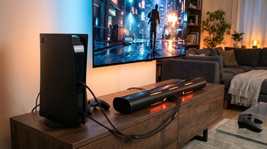 A contemporary gaming console connected to a sleek soundbar, set in a modern living room environment. In the foreground, the console is positioned prominently, with visible cables routing securely into the soundbar, highlighting a seamless setup for gaming audio. The soundbar features glowing LED indicators, suggesting active functionality. In the middle ground, a high-definition television displays an action-packed gaming scene, casting dynamic reflections on the soundbar. The background is softly blurred, revealing plush seating and ambient lighting that creates a cozy, immersive gaming atmosphere. The image is illuminated with warm, inviting lighting, conveying excitement and sophistication. The perspective is slightly angled to showcase the setup’s depth, emphasizing the integration of gaming technology.