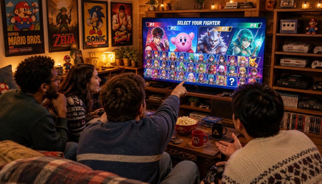 A cozy gaming room filled with friends, gathered around a large TV, intensely selecting characters for a multiplayer fighting game. In the foreground, the group of four friends, dressed in casual sweaters and jeans, are focused and enthusiastic, with one pointing at the screen while others discuss character choices. The middle ground features a colorful array of game character designs displayed on the screen, showcasing a mix of whimsical and fierce characters. In the background, posters of iconic retro games and a shelf filled with classic game consoles add to the nostalgic atmosphere. Warm, ambient lighting creates an inviting and lively mood, emphasizing camaraderie and excitement, captured from a slightly elevated angle to include both the friends and the vivid game screen. A cozy gaming room filled with friends, gathered around a large TV, intensely selecting characters for a multiplayer fighting game. In the foreground, the group of four friends, dressed in casual sweaters and jeans, are focused and enthusiastic, with one pointing at the screen while others discuss character choices. The middle ground features a colorful array of game character designs displayed on the screen, showcasing a mix of whimsical and fierce characters. In the background, posters of iconic retro games and a shelf filled with classic game consoles add to the nostalgic atmosphere. Warm, ambient lighting creates an inviting and lively mood, emphasizing camaraderie and excitement, captured from a slightly elevated angle to include both the friends and the vivid game screen.