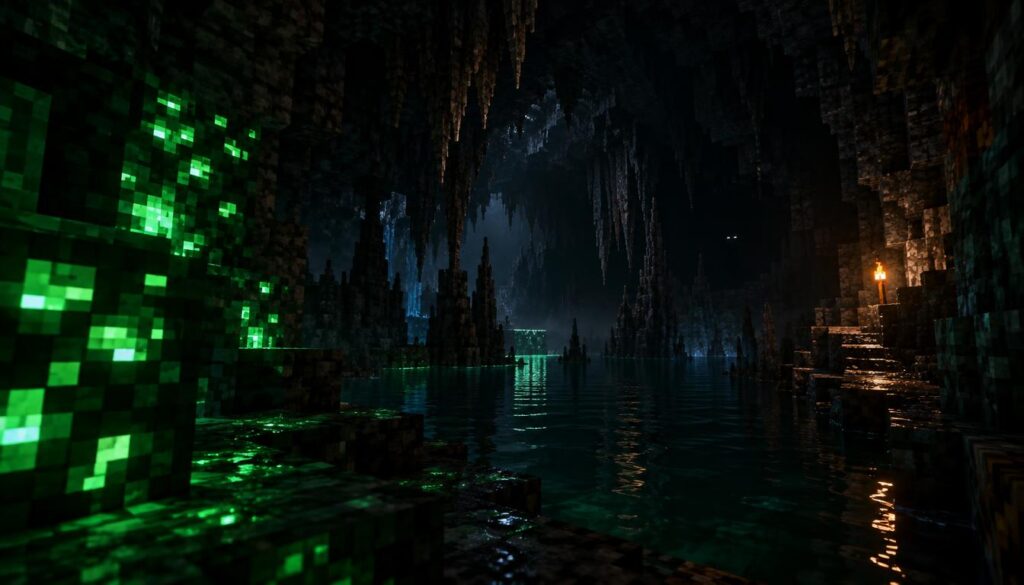 A dark Minecraft cave scene, emphasizing a chilling atmosphere marked by deep shadows and jagged rock formations. In the foreground, glowing green ores flicker ominously, casting eerie light that dances across the damp cave walls. The middle ground offers an expansive view of the cave, showcasing twisted stalactites and a murky underground lake, the surface rippling with menacing reflections. The background fades into darkness, hinting at unseen dangers lurking just beyond the reach of light. The lighting is stark and contrasted, with a flickering torch illuminating a narrow path, creating an unsettling tension. The angle is slightly low, enhancing the overwhelming scale of the cave and invoking fear of the unknown. The mood is tense and foreboding, perfect for a horror theme.