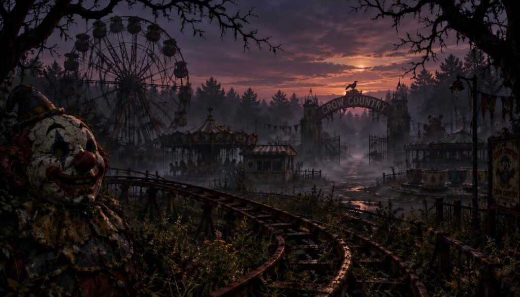 A desolate theme park emerges in 'Crow Country', shrouded in an eerie twilight glow. In the foreground, rusty roller coaster tracks weave through overgrown weeds, while a cracked clown statue with peeling paint gazes ominously. The middle ground features abandoned rides like a Ferris wheel, draped in cobwebs and shadows, hinting at forgotten laughter and thrill. In the background, dense trees press in, their twisted branches forming a natural dark frame around the park's dilapidated entrance, marked by a broken archway. The atmosphere is thick with suspense, as fog creeps along the ground, and the dim lighting casts haunting silhouettes. The composition captures a wide-angle view, emphasizing the vast emptiness and the unsettling beauty of this long-forgotten place, evoking a sense of both nostalgia and dread. A desolate theme park emerges in 'Crow Country', shrouded in an eerie twilight glow. In the foreground, rusty roller coaster tracks weave through overgrown weeds, while a cracked clown statue with peeling paint gazes ominously. The middle ground features abandoned rides like a Ferris wheel, draped in cobwebs and shadows, hinting at forgotten laughter and thrill. In the background, dense trees press in, their twisted branches forming a natural dark frame around the park's dilapidated entrance, marked by a broken archway. The atmosphere is thick with suspense, as fog creeps along the ground, and the dim lighting casts haunting silhouettes. The composition captures a wide-angle view, emphasizing the vast emptiness and the unsettling beauty of this long-forgotten place, evoking a sense of both nostalgia and dread.