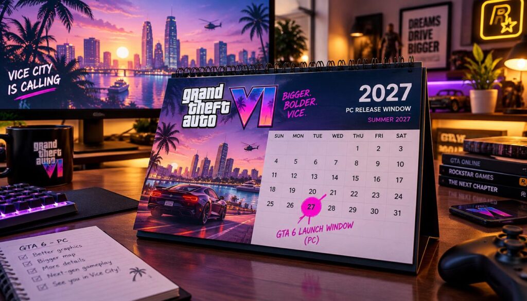 A detailed PC release calendar prominently displays the anticipated launch window for GTA 6, set against a sleek, modern desktop background. In the foreground, the calendar is open to a highlighted date in 2027, featuring bold, striking colors that draw the eye. The middle layer showcases a stylized depiction of iconic elements from the game series, such as city skylines and vehicles, subtly integrated into the calendar’s design. In the background, a softly illuminated workspace conveys a sense of excitement and anticipation, with ambient lighting casting a warm glow over the scene. The overall mood is energetic and focused, reflecting the gaming community's buzz around the upcoming release, captured in a high-resolution, wide-angle perspective that emphasizes depth and engagement.