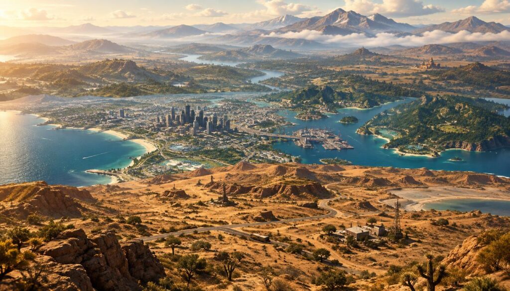A detailed comparison image of the GTA map size, focusing on the newly introduced Leonida boundaries and contrasting it with the landscapes of GTA 5 and Red Dead Redemption 2. In the foreground, a stylized rendition of Leonida featuring arid landscapes, showcasing dry land with textured terrain and sparse vegetation. The middle layer should include elements from the GTA 5 map, such as urban areas, forests, and coastal regions, illustrating the size comparison. In the background, a misty horizon blending into the expansive landscapes of RDR2 with rolling hills and mountains. The lighting is bright and inviting, with a warm golden hue suggesting midday. Capture the atmosphere of adventure and exploration inherent in the gaming worlds, emphasizing the scale and diversity of the environments, while avoiding any text or overlays. A detailed comparison image of the GTA map size, focusing on the newly introduced Leonida boundaries and contrasting it with the landscapes of GTA 5 and Red Dead Redemption 2. In the foreground, a stylized rendition of Leonida featuring arid landscapes, showcasing dry land with textured terrain and sparse vegetation. The middle layer should include elements from the GTA 5 map, such as urban areas, forests, and coastal regions, illustrating the size comparison. In the background, a misty horizon blending into the expansive landscapes of RDR2 with rolling hills and mountains. The lighting is bright and inviting, with a warm golden hue suggesting midday. Capture the atmosphere of adventure and exploration inherent in the gaming worlds, emphasizing the scale and diversity of the environments, while avoiding any text or overlays.
