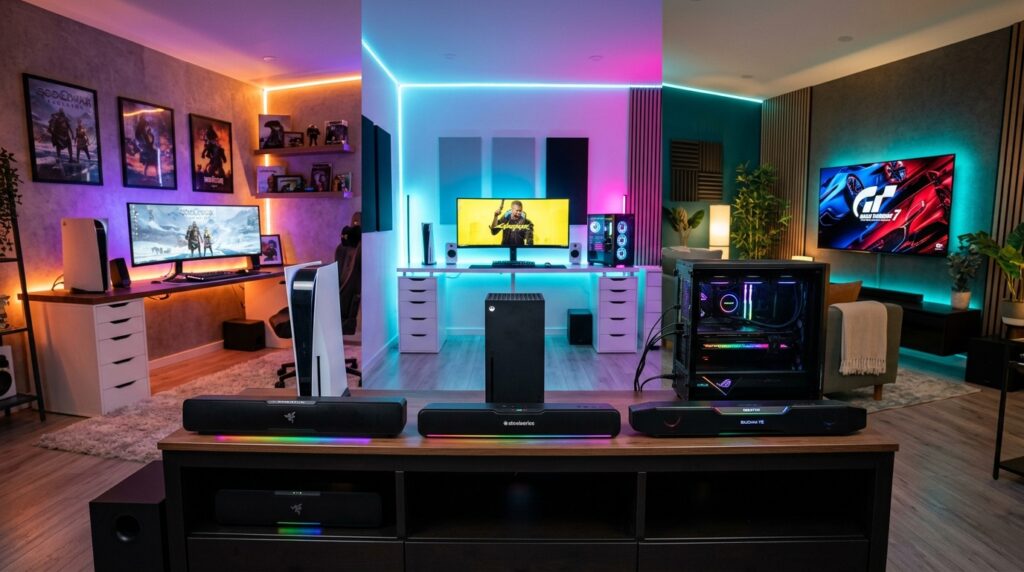 A detailed comparison of various gaming soundbars set up in multiple themed gaming rooms. In the foreground, showcase three distinct soundbars with polished finishes and sleek designs, each positioned on modern gaming consoles. In the middle ground, create immersive gaming setups featuring a PS5 and a high-end gaming PC, with vibrant LED lights illuminating the surroundings. The background should feature different room styles, including a futuristic minimalist setup, a cozy gamer’s den, and an elegant entertainment room, each with ambient lighting. Use wide-angle lens effects to enhance the spatial feel. The atmosphere should be dynamic yet inviting, perfect for an engaged gaming experience. Ensure all elements are visually harmonious and professional without distractions.