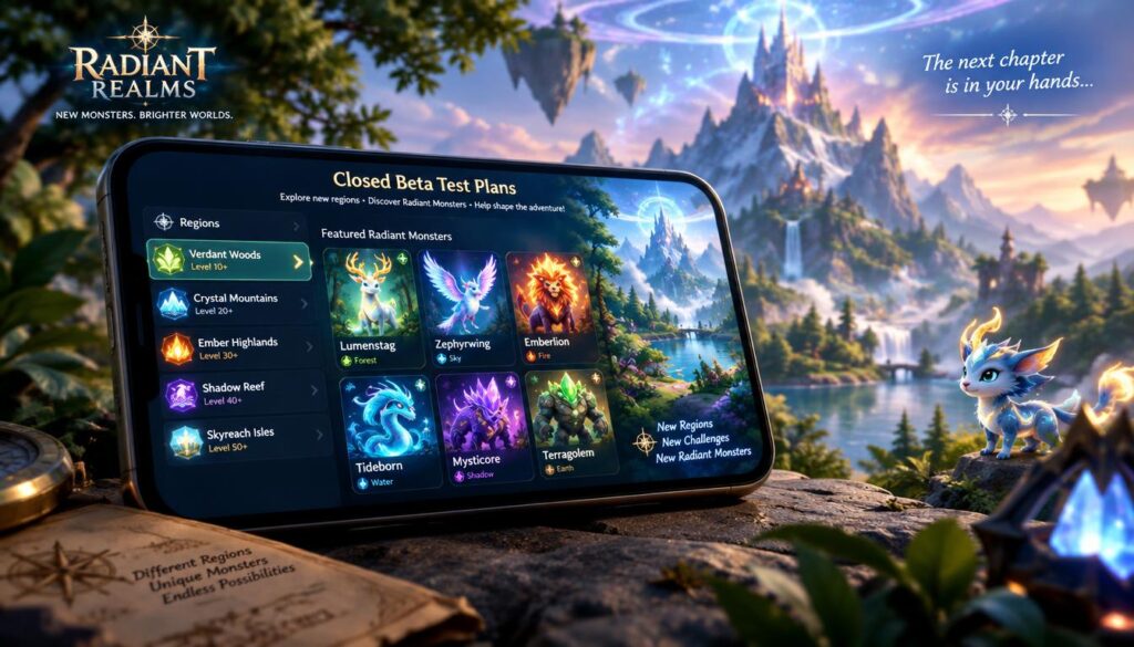 A detailed digital illustration showcasing a closed beta test plans list for a fictional mobile game featuring new Radiant monsters. In the foreground, a sleek mobile device displays a vibrant interface showing a list of regions, alongside colorful icons representing various Radiant monsters, each uniquely designed with glowing features. The middle ground features immersive graphics of the game's environment, hinting at dynamic landscapes with lush forests and mystical mountains. In the background, an ethereal glow emanates from an enchanted sky, setting a magical atmosphere. Soft, focused lighting highlights the mobile screen, while a slight depth of field blurs the edges, creating an inviting and engaging scene. The overall mood is adventurous and intriguing, inviting viewers to explore the new features of the game. A detailed digital illustration showcasing a closed beta test plans list for a fictional mobile game featuring new Radiant monsters. In the foreground, a sleek mobile device displays a vibrant interface showing a list of regions, alongside colorful icons representing various Radiant monsters, each uniquely designed with glowing features. The middle ground features immersive graphics of the game's environment, hinting at dynamic landscapes with lush forests and mystical mountains. In the background, an ethereal glow emanates from an enchanted sky, setting a magical atmosphere. Soft, focused lighting highlights the mobile screen, while a slight depth of field blurs the edges, creating an inviting and engaging scene. The overall mood is adventurous and intriguing, inviting viewers to explore the new features of the game.