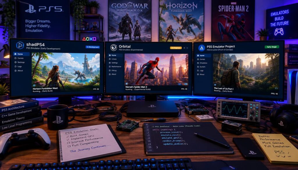 A detailed digital illustration showcasing three distinct early PS5 emulator projects side by side, emphasizing their unique statuses. In the foreground, feature three emulators represented as sleek, modern interfaces on a computer screen, each displaying a different game in vibrant colors. The middle layer includes a beautifully detailed workspace with technical equipment, wires, and coding snippets scattered across a wooden desk. In the background, a softly illuminated room filled with gaming posters and a subtle glow from ambient LED lights creates a modern gaming atmosphere. Use a balanced angle that captures both the screens and the environment, maximizing clarity and engagement. Evoke a sense of innovation and excitement in the pursuit of PS5 emulation. A detailed digital illustration showcasing three distinct early PS5 emulator projects side by side, emphasizing their unique statuses. In the foreground, feature three emulators represented as sleek, modern interfaces on a computer screen, each displaying a different game in vibrant colors. The middle layer includes a beautifully detailed workspace with technical equipment, wires, and coding snippets scattered across a wooden desk. In the background, a softly illuminated room filled with gaming posters and a subtle glow from ambient LED lights creates a modern gaming atmosphere. Use a balanced angle that captures both the screens and the environment, maximizing clarity and engagement. Evoke a sense of innovation and excitement in the pursuit of PS5 emulation.