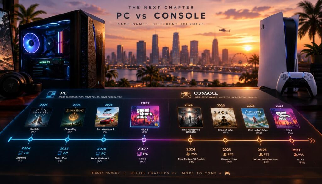 A detailed graphic depicting a release timeline that visually compares PC and console game launches. In the foreground, showcase a sleek, modern timeline graphic with clear markers for major game releases, including GTA 6 for PC in 2027. In the middle ground, include stylized illustrations of both a gaming PC and a console, positioned on either side of the timeline, designed with intricate details and subtle lighting to highlight their features. The background should feature a soft-focus image of a city skyline at dusk, creating an engaging atmosphere that suggests the excitement surrounding gaming advancements. Use warm lighting to evoke a sense of anticipation and innovation, with an angle that draws the viewer's eye along the timeline.