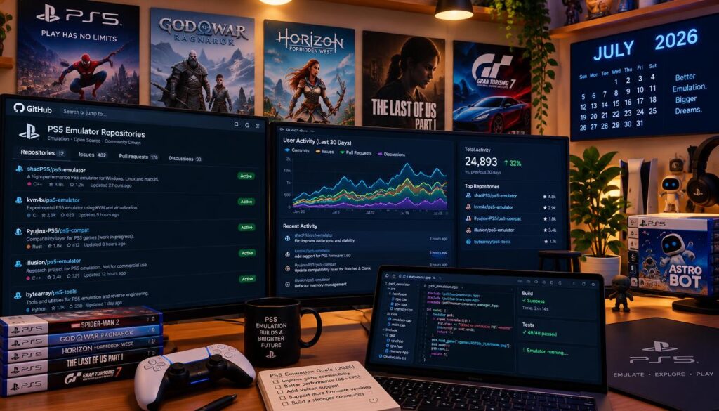 A detailed illustration of a digital workspace showcasing active PS5 emulator project repositories on GitHub, dated July 2026. In the foreground, prominent screens display colorful code snippets and vibrant graphs reflecting user activity metrics. The middle ground features a sleek laptop surrounded by gaming memorabilia, like PS5 game cases, and a wireless controller, portraying a modern gaming environment. The background includes a wall mounted with posters of popular PS5 titles and a digital clock showing the current month, July 2026. The atmosphere is lively yet focused, illuminated by warm overhead lighting to create an inviting workspace. The overall composition conveys excitement and innovation in the realm of PS5 emulation, emphasizing the technological advancements in gaming.