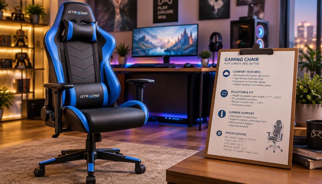 A detailed image of a high-quality gaming chair with specifications displayed beside it. In the foreground, the gaming chair is sleek and modern, featuring ergonomic design, adjustable armrests, and vibrant upholstery in an eye-catching color. Beside the chair, notes detailing its comfort features, adjustable fit, and lumbar support are neatly arranged on a stylish clipboard. The middle ground includes a slightly blurred background of a gaming setup with a desk, monitor, and ambient LED lighting, creating a tech-savvy environment. Soft, warm lighting highlights the details of the chair and notes, conveying a professional yet inviting atmosphere. The angle captures both the chair and the notes clearly, ensuring all specifications are readable without any text overlays. A detailed image of a high-quality gaming chair with specifications displayed beside it. In the foreground, the gaming chair is sleek and modern, featuring ergonomic design, adjustable armrests, and vibrant upholstery in an eye-catching color. Beside the chair, notes detailing its comfort features, adjustable fit, and lumbar support are neatly arranged on a stylish clipboard. The middle ground includes a slightly blurred background of a gaming setup with a desk, monitor, and ambient LED lighting, creating a tech-savvy environment. Soft, warm lighting highlights the details of the chair and notes, conveying a professional yet inviting atmosphere. The angle captures both the chair and the notes clearly, ensuring all specifications are readable without any text overlays.