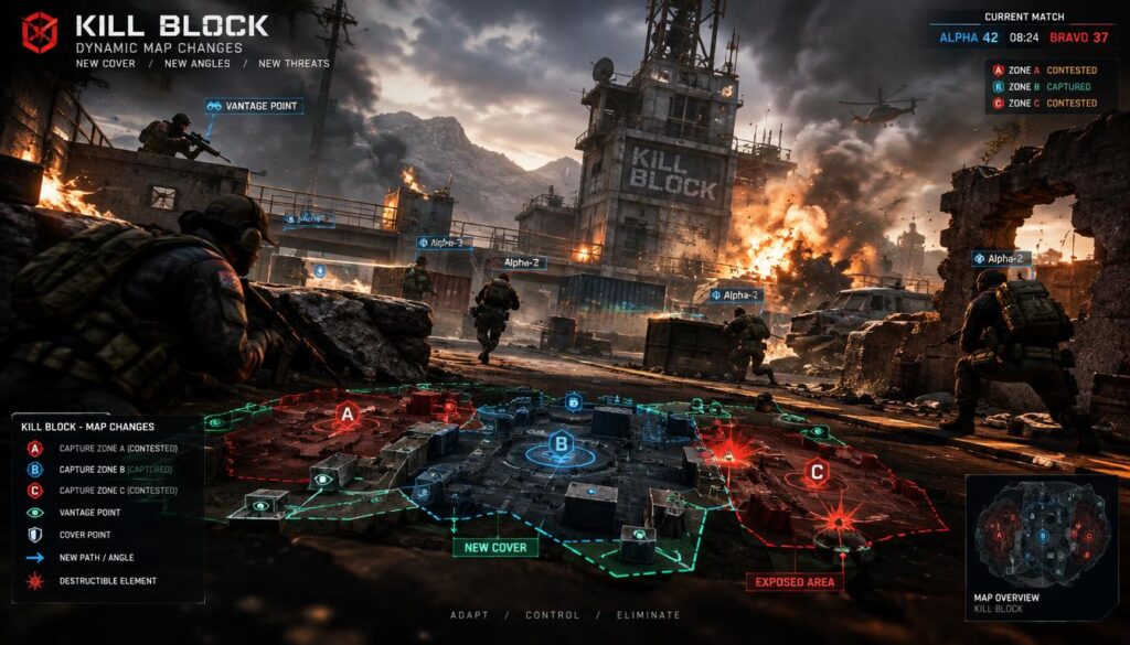 A detailed map layout showcasing the "Kill Block" changes during a dynamic multiplayer match in a first-person shooter game. In the foreground, vividly illustrate strategic zones highlighted in contrasting colors, with intricate details of terrain features such as cover points and vantage spots. The middle ground features player avatars in action, wearing modern tactical gear, displaying various combat stances, and utilizing weapons—crucially avoiding any weapons pointed at others. The background reveals a bustling battlefield with destructible elements and atmospheric effects like smoke and explosions, enhancing the action. The lighting is dramatic, with high contrast and shadows to convey intensity, as if captured from a low-angle perspective to emphasize the immersive gameplay experience. The overall mood is suspenseful, hinting at competitive gameplay amidst chaos.