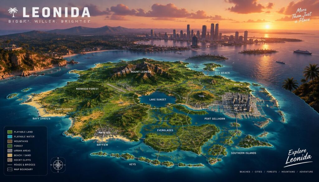 A detailed map of the fictional Leonida, illustrating the separation between playable land and water areas, is depicted in the foreground with vibrant colors highlighting varied terrain. The middle ground features an expansive coastline, blending sandy beaches and rocky cliffs that transition into deep blue waters, capturing the essence of the environment. In the background, a vast skyline showcases iconic structures inspired by urban landscapes, with rolling hills and dense forests silhouetted against a sunset sky, casting warm hues of orange and pink. The image is composed using a wide-angle lens to emphasize the scale of the map, enhanced by soft lighting that creates a serene and adventurous atmosphere. This visualization invites the viewer to explore a new gaming world, rich with opportunity and exploration. A detailed map of the fictional Leonida, illustrating the separation between playable land and water areas, is depicted in the foreground with vibrant colors highlighting varied terrain. The middle ground features an expansive coastline, blending sandy beaches and rocky cliffs that transition into deep blue waters, capturing the essence of the environment. In the background, a vast skyline showcases iconic structures inspired by urban landscapes, with rolling hills and dense forests silhouetted against a sunset sky, casting warm hues of orange and pink. The image is composed using a wide-angle lens to emphasize the scale of the map, enhanced by soft lighting that creates a serene and adventurous atmosphere. This visualization invites the viewer to explore a new gaming world, rich with opportunity and exploration.