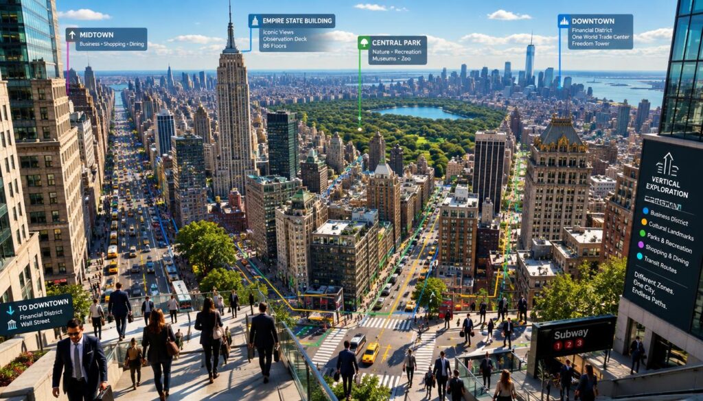 A detailed overhead view of Manhattan showcasing vertical routes and paths between its distinct zones. In the foreground, visually dynamic streets filled with stylized, professional pedestrians in business attire navigating their way through bustling city life. The middle ground highlights iconic buildings and landmarks like the Empire State Building and Central Park, tailored to emphasize the vertical exploration theme. The background features a skyline adorned with skyscrapers reaching into a clear blue sky, with sunlight casting dramatic shadows. The scene is bathed in bright, natural daylight to create an energetic atmosphere, suggesting a narrative of movement and discovery. Capture this urban landscape using a wide-angle lens for depth, emphasizing the vibrant interplay of architecture and human activity.