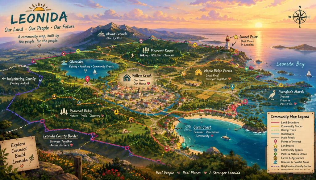 A detailed, stylized map of Leonida, showcasing vibrant community mapping traces outlining land boundaries. The foreground features colorful markers and annotations showing significant landmarks and borders, while the middle ground displays lush landscapes including rolling hills, forests, and a small town in pastel colors. In the background, a sprawling sky illuminated with soft sunset lighting casts a warm glow over the entire scene. Emphasize the intricate network of tracing lines connecting various points of interest, creating a sense of community engagement and exploration. Use a wide-angle perspective to capture the expansiveness of Leonida while maintaining a sense of clarity and detail in the map features. The overall mood is inviting and informative, highlighting the community spirit within the vibrant settings of Leonida. A detailed, stylized map of Leonida, showcasing vibrant community mapping traces outlining land boundaries. The foreground features colorful markers and annotations showing significant landmarks and borders, while the middle ground displays lush landscapes including rolling hills, forests, and a small town in pastel colors. In the background, a sprawling sky illuminated with soft sunset lighting casts a warm glow over the entire scene. Emphasize the intricate network of tracing lines connecting various points of interest, creating a sense of community engagement and exploration. Use a wide-angle perspective to capture the expansiveness of Leonida while maintaining a sense of clarity and detail in the map features. The overall mood is inviting and informative, highlighting the community spirit within the vibrant settings of Leonida.