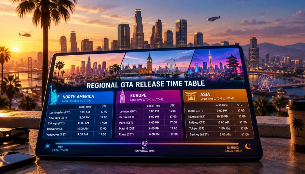 A detailed, visually engaging image of a "Regional GTA release time table" featuring local and UTC times. In the foreground, prominently display a stylish digital time table with vibrant hues, dividing styles for different regions like North America, Europe, and Asia. The middle layer should depict a bustling city skyline representing the essence of GTA, with iconic landmarks subtly blended into the background. Use a warm, late afternoon lighting to create an inviting atmosphere. The background should showcase a clear sky transitioning into evening, symbolizing the anticipation of the game's release. The composition should be sharp, with a slight depth of field, emphasizing the time table while providing an intriguing sense of place. No text, logos, or watermarks present. A detailed, visually engaging image of a "Regional GTA release time table" featuring local and UTC times. In the foreground, prominently display a stylish digital time table with vibrant hues, dividing styles for different regions like North America, Europe, and Asia. The middle layer should depict a bustling city skyline representing the essence of GTA, with iconic landmarks subtly blended into the background. Use a warm, late afternoon lighting to create an inviting atmosphere. The background should showcase a clear sky transitioning into evening, symbolizing the anticipation of the game's release. The composition should be sharp, with a slight depth of field, emphasizing the time table while providing an intriguing sense of place. No text, logos, or watermarks present.