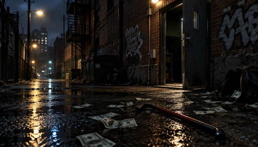 A dimly lit alley, showcasing a rear exit door slightly ajar, revealing shadows inside a building. The scene captures remnants of a heist, with scattered banknotes and a crowbar lying on the ground, reflecting the tension of a recent robbery. In the foreground, an empty street, wet from recent rain, glistens under flickering streetlights, creating a moody atmosphere. In the background, the walls of brick buildings are adorned with graffiti, hinting at urban decay. The angle is slightly low, emphasizing the door's ominous presence while capturing the depth of the alley, evoking a sense of unease and urgency. Overall, the image conveys a suspenseful moment right after a crime, focusing on the aftermath and the escape route.