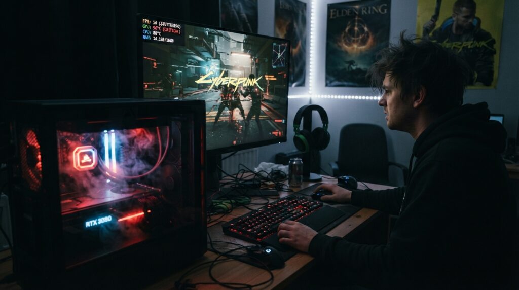 A dramatic visualization of a Windows 11 system experiencing a performance drop during gaming. In the foreground, a sleek gaming PC with visibly heated components, emitting faint wisps of vapor and heat distortion. The middle ground showcases a large monitor displaying a stuttering game scene, with pixelated graphics and a low FPS counter in the corner. Background elements include a dimly lit room that emphasizes the mood of frustration, with dim LED lights flickering and a cluttered desk filled with gaming peripherals. The lighting is focused on the computer, casting shadows that accentuate the sense of urgent need for optimization. A moderate depth of field effect enhances the sense of isolation and concern, conveying a tangible feeling of discontent with the performance drop.