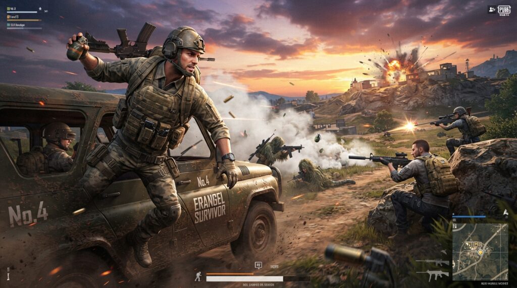 A dynamic PUBG Mobile scene showcasing a team strategically using vehicles, throwables, and utility items in an intense battle. In the foreground, a soldier in tactical gear is leaning out of a rugged off-road vehicle, ready to throw a grenade, with a focused expression. The middle ground features teammates using various throwables like smoke grenades and flashbangs to create cover, while another player crouches behind a rock, aiming at an enemy position. The background displays a vibrant battleground, with distant explosions and a sunset casting dramatic lighting over the scene, creating an urgent and tactical atmosphere. The composition should be framed with a slight low-angle view to emphasize action and engagement, capturing the excitement and strategy involved in PUBG Mobile gameplay.