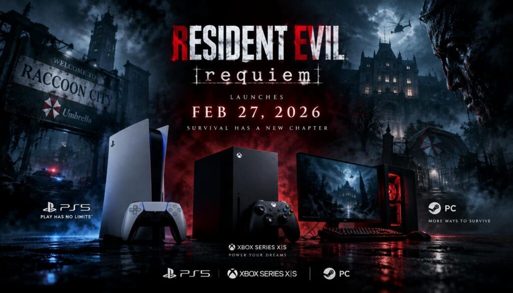 A dynamic and engaging digital artwork featuring a sleek and modern platform list for "Resident Evil Requiem," highlighting its launch date. In the foreground, display various gaming consoles including a PlayStation, Xbox, and PC, positioned prominently and illuminated with soft but dramatic lighting to create an inviting atmosphere. The middle layer includes a visually striking digital representation of the Resident Evil logo, with vibrant colors that contrast against a darker backdrop, evoking the horror theme of the franchise. The background should be a dark, misty environment reminiscent of the game’s eerie settings, with subtle hints of iconic locations from the series. Use a cinematic angle to capture depth, creating a sense of anticipation and excitement as if ready for an epic reveal. The overall mood should be thrilling and mysterious, drawing viewers in to explore the details further. A dynamic and engaging digital artwork featuring a sleek and modern platform list for "Resident Evil Requiem," highlighting its launch date. In the foreground, display various gaming consoles including a PlayStation, Xbox, and PC, positioned prominently and illuminated with soft but dramatic lighting to create an inviting atmosphere. The middle layer includes a visually striking digital representation of the Resident Evil logo, with vibrant colors that contrast against a darker backdrop, evoking the horror theme of the franchise. The background should be a dark, misty environment reminiscent of the game’s eerie settings, with subtle hints of iconic locations from the series. Use a cinematic angle to capture depth, creating a sense of anticipation and excitement as if ready for an epic reveal. The overall mood should be thrilling and mysterious, drawing viewers in to explore the details further.