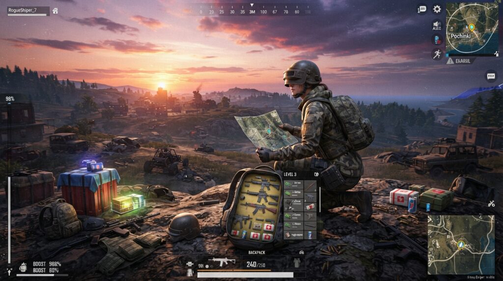 A dynamic and immersive scene depicting a player strategizing looting in PUBG Mobile. In the foreground, a focused character in tactical attire scans the area with a map in one hand and an open backpack revealing an organized assortment of weapons and supplies. In the middle ground, scattered loot crates and gear are visible, emphasizing the strategic importance of each item. The background features a vivid battlefield landscape with distant buildings and terrain under a dramatic sunset, casting warm and cooler light contrasts. The atmosphere is tense yet strategic, showcasing a moment of critical decision-making in gameplay. The angle is slightly elevated, providing a comprehensive view of the player's surroundings while highlighting the urgency of looting efficiently.