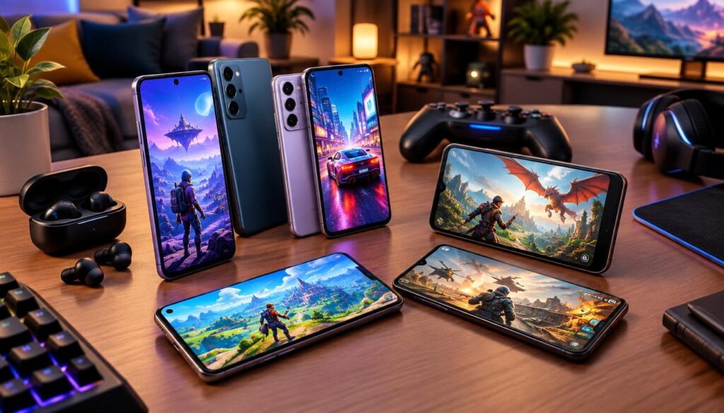 A dynamic comparison of new mid-range and refurbished smartphones designed for gaming, arranged vividly on a sleek desk. In the foreground, several phones are displayed, showcasing their high-resolution screens with colorful game graphics. The middle ground features game accessories like earbuds and a game controller, emphasizing the gaming theme. The background presents a subtle, modern interior with soft ambient lighting creating a cozy atmosphere. The angle is slightly elevated, capturing the phones from a three-quarter view to highlight their sleek designs. The overall mood is energetic and inviting, perfect for gaming enthusiasts looking for budget-friendly options without distractions from text or logos.