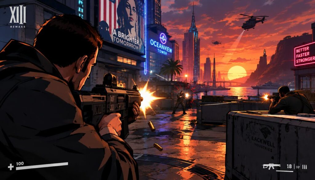 A dynamic gameplay scene showcasing the "XIII" remake on a PS5 build, featuring a richly detailed digital environment reminiscent of the game's unique cel-shaded art style. In the foreground, a character is engaged in a high-stakes gunfight, armed with a distinctive weapon, while dynamic action effects surround them. The middle ground highlights elements of the futuristic cityscape, complete with neon lights and stylized architecture that convey a vibrant yet gritty atmosphere. The background features a sunset sky that casts dramatic shadows, creating a mood of tension and excitement. The lighting is cinematic and intense, with a focus on contrasting colors that enhance the visual appeal, shot from a slightly low angle to emphasize the action. The overall atmosphere should evoke a sense of nostalgia and intrigue for gamers. A dynamic gameplay scene showcasing the "XIII" remake on a PS5 build, featuring a richly detailed digital environment reminiscent of the game's unique cel-shaded art style. In the foreground, a character is engaged in a high-stakes gunfight, armed with a distinctive weapon, while dynamic action effects surround them. The middle ground highlights elements of the futuristic cityscape, complete with neon lights and stylized architecture that convey a vibrant yet gritty atmosphere. The background features a sunset sky that casts dramatic shadows, creating a mood of tension and excitement. The lighting is cinematic and intense, with a focus on contrasting colors that enhance the visual appeal, shot from a slightly low angle to emphasize the action. The overall atmosphere should evoke a sense of nostalgia and intrigue for gamers.