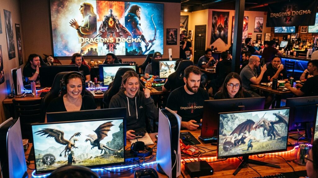 A dynamic gaming scene capturing the excitement of players returning to Dragon’s Dogma 2. In the foreground, a diverse group of gamers, dressed in casual attire, intently focused on their screens, showcasing their expressions of joy and engagement. The middle ground features an array of gaming consoles and screens, illuminating the space with soft, colorful LED lights. In the background, a large digital display showcases a stylized Dragon’s Dogma 2 artwork, vibrant and atmospheric, hinting at the game's fantasy elements. The lighting is warm and inviting, creating a sense of community and enthusiasm. The angle is slightly elevated, providing a comprehensive view of the immersive gaming environment, with a mix of nostalgia and excitement in the air. Overall, the image conveys a lively and optimistic atmosphere reflecting the growing interest in the game.