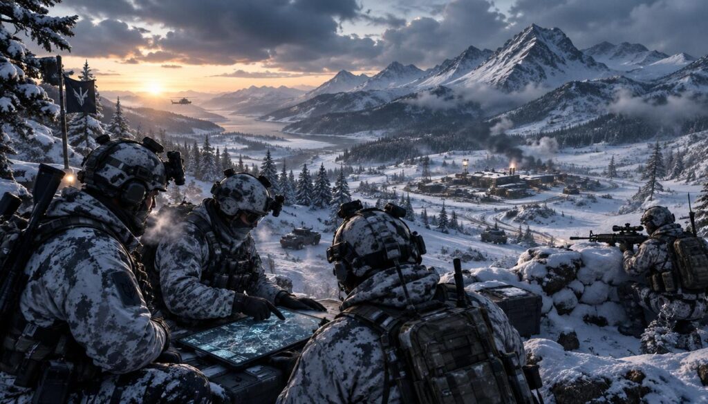 A dynamic, immersive snowy battlefield scene depicting campaign missions in a fictional military strategy game. In the foreground, a tactical team of soldiers dressed in modern winter camouflage, equipped with high-tech gear, strategizes their next move, their breath visible in the cold air. In the middle ground, diverse terrain features include rugged hills, snow-covered trees, and temporary snow fortifications created by the soldiers. In the background, distant mountains rise under a dramatic, cloudy sky, casting soft shadows. The scene is illuminated by a low, ethereal light suggesting early dawn, enhancing the chilly atmosphere. The overall mood is tense and focused, capturing the thrill of strategic military action in an immersive winter environment.