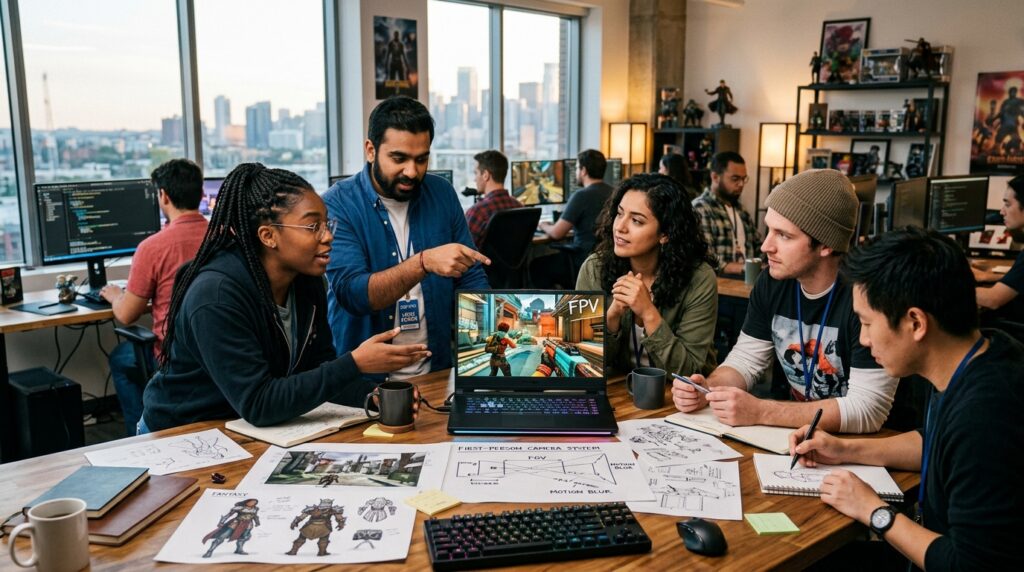 A dynamic office environment featuring a group of diverse game developers deeply engaged in a discussion about camera perspectives in video games, particularly focusing on first-person mode. The foreground showcases a large table cluttered with design documents, sketches of game characters, and a high-tech laptop displaying in-game footage. In the middle, developers of various ethnicities, dressed in smart casual attire, are animatedly sharing ideas and pointing at the screen, illustrating their passion. The background features a modern office with large windows that allow natural light to enter, creating a warm and creative atmosphere. The camera angle captures the intensity of the discussion, with a slight depth of field effect, bringing focus to the developers while softly blurring the background. The overall mood is collaborative and innovative, reflecting the energy of a leading game development studio. A dynamic office environment featuring a group of diverse game developers deeply engaged in a discussion about camera perspectives in video games, particularly focusing on first-person mode. The foreground showcases a large table cluttered with design documents, sketches of game characters, and a high-tech laptop displaying in-game footage. In the middle, developers of various ethnicities, dressed in smart casual attire, are animatedly sharing ideas and pointing at the screen, illustrating their passion. The background features a modern office with large windows that allow natural light to enter, creating a warm and creative atmosphere. The camera angle captures the intensity of the discussion, with a slight depth of field effect, bringing focus to the developers while softly blurring the background. The overall mood is collaborative and innovative, reflecting the energy of a leading game development studio.