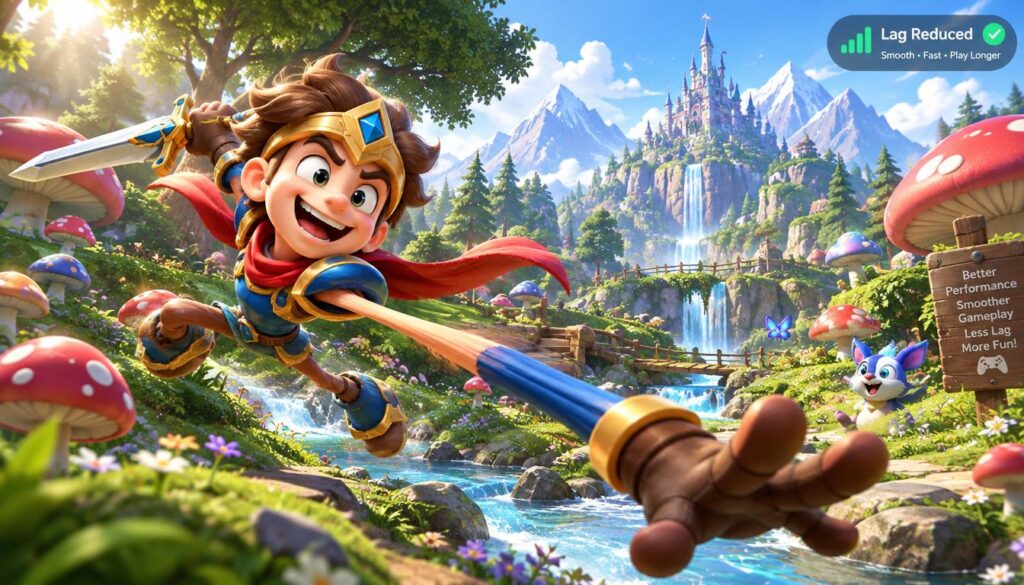 A dynamic scene depicting a colorful, animated game character in the foreground, showcasing exaggerated, rubber-banding movement as it navigates through a vibrant fantasy landscape. The character, a cartoonish warrior in bright armor, is caught in mid-action with a stretched body and playful expressions. In the middle ground, a lush forest with oversized mushrooms and sparkling streams creates an enchanting atmosphere. The background features distant mountains under a clear blue sky, illuminated by warm, soft sunlight filtering through the trees. The overall mood is energetic and whimsical, emphasizing the thrill of gaming while maintaining a steady frame rate. The image captures both the motion of the character and the tranquility of the game environment, visually representing the concept of lag reduction in mobile gaming.