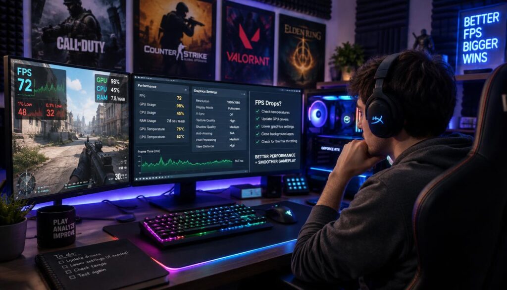 A dynamic scene depicting a computer gamer addressing FPS drops and performance issues in a well-organized gaming setup. In the foreground, a focused player in modest casual clothing is seated at a desk, equipped with a high-end gaming PC and multiple monitors displaying in-game performance metrics such as frame rates and graphical settings. The middle ground features visual elements like a gaming mouse, keyboard, and cool LED lighting that emphasize the gaming atmosphere. In the background, posters of popular games and acoustic panels illustrate a dedicated gaming space. Soft, dramatic lighting enhances the intensity of the moment, with a slight blur to simulate motion and urgency. The overall mood conveys a sense of determination and focus on improving gaming performance.