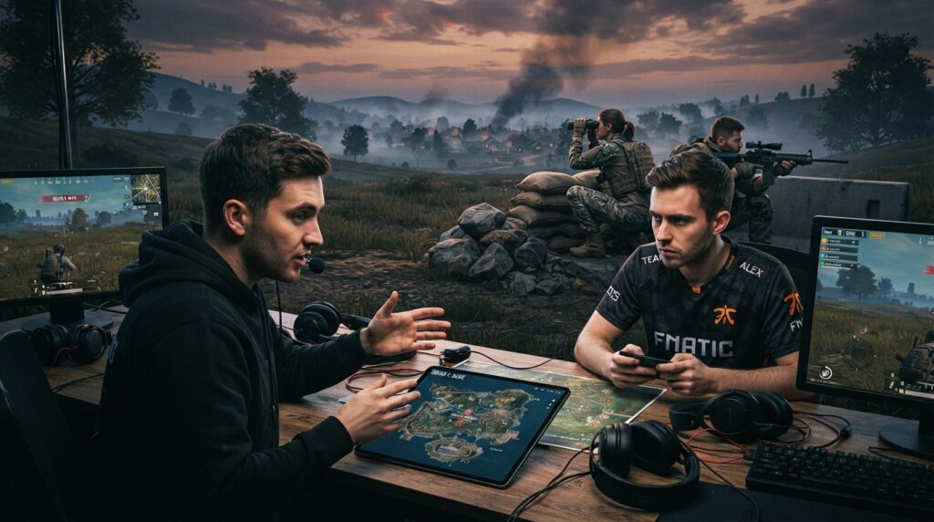 A dynamic scene depicting a squad of four professional gamers coordinating their strategy in a tense PUBG Mobile environment. In the foreground, two players are intently discussing their next move, gesturing towards a digital map displayed on a tablet. They are dressed in casual, yet neat attire, reflecting a teamwork spirit. The middle ground features two additional squad members, positioned strategically behind cover, peering through binoculars and scanning the battlefield for opponents. The background showcases a vibrant, detailed battleground with rolling hills, scattered trees, and a distant town shrouded in a misty twilight glow. The lighting is moody and dramatic, casting long shadows that enhance the sense of urgency and teamwork. A close-up, slightly tilted angle adds to the intensity of the moment.